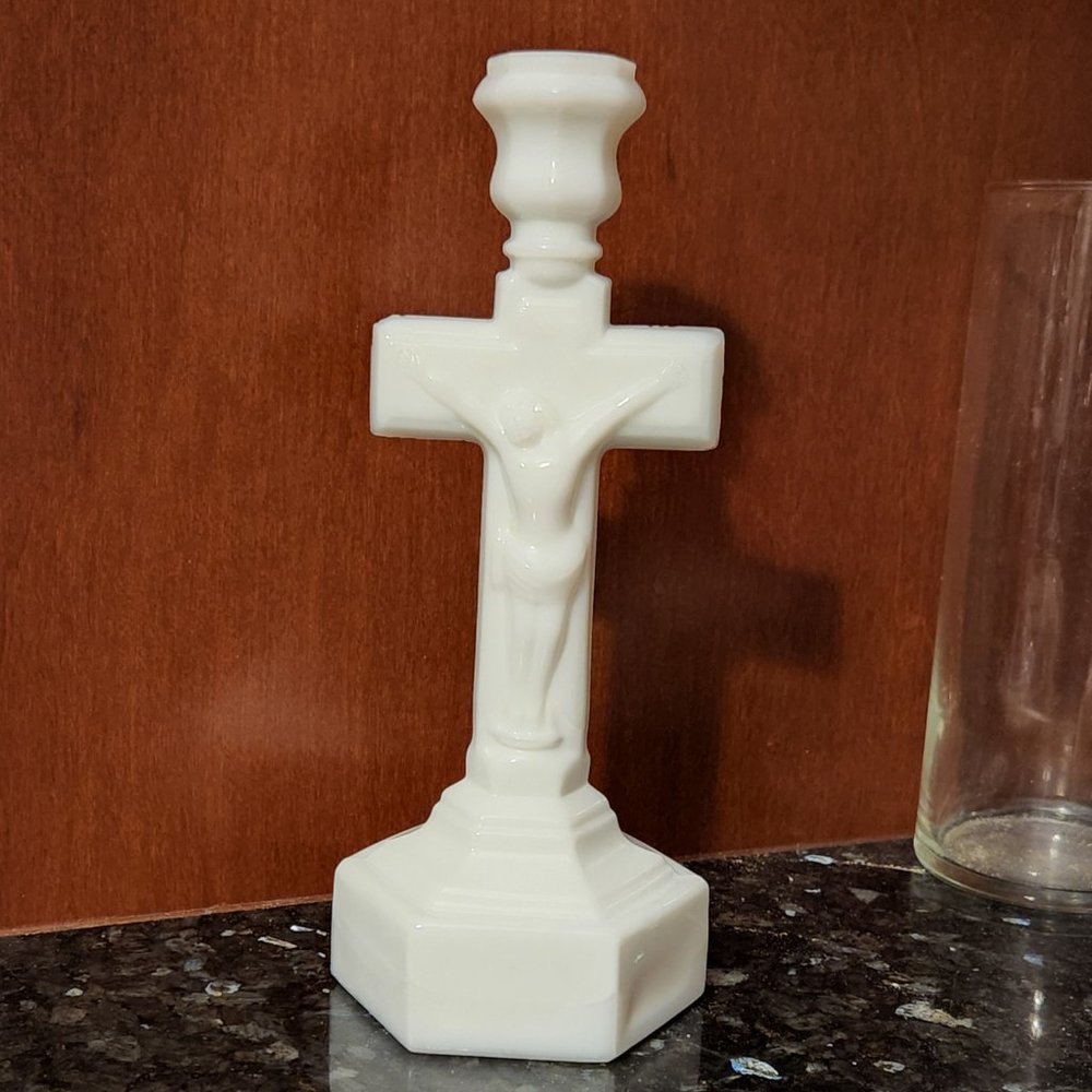 Vintage White Milk Glass Crucifix Candlestick Candle Taper Holder Religi…